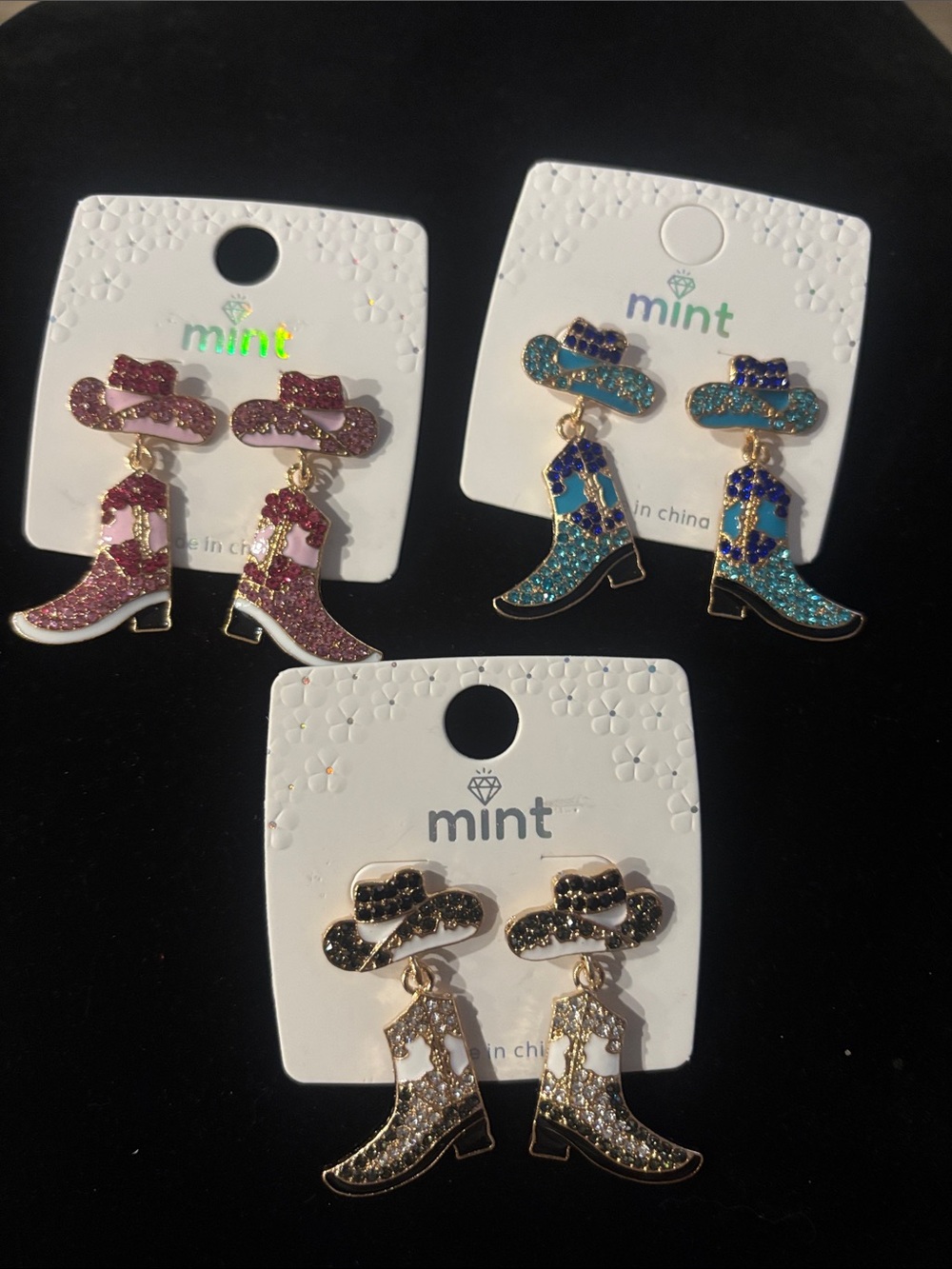 Mint BlingCowboy Boot & Hat Dangle Earrings - Pink, Teal, Black